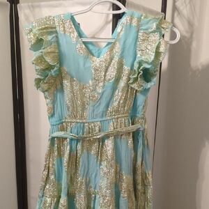 Girls' Aqua Dress with Gold Metallic Detail